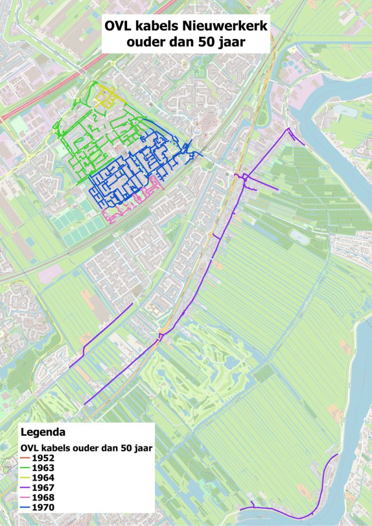 Kaart met kabels voor de openbare verlichting in het dorp Nieuwerkerk aan den IJssel die vervangen moet worden.