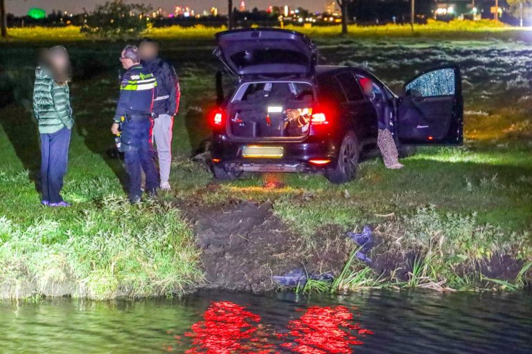 Automobilist ziet bocht over hoofd en vliegt over sloot weiland op