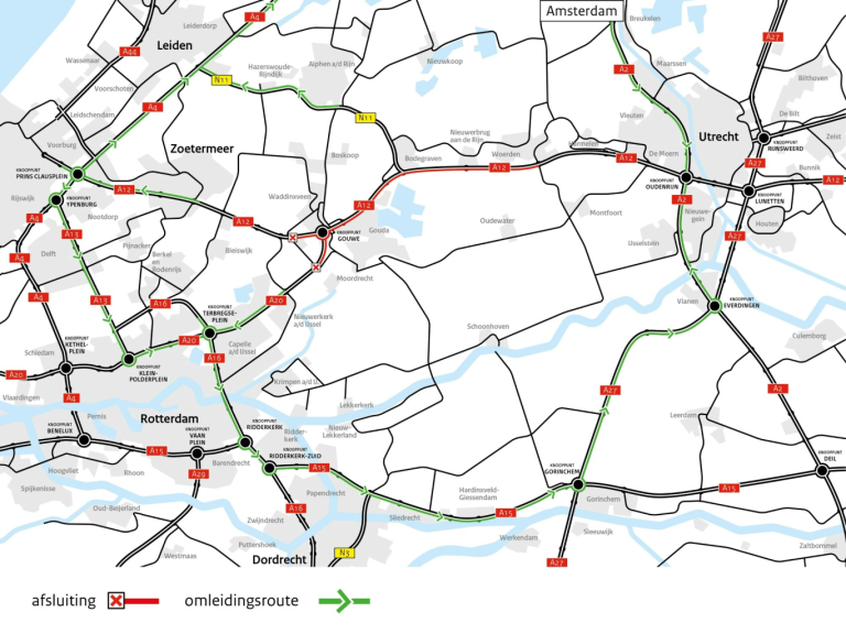 A12 vanaf Moordrecht afgesloten tijdens Hemelvaartsweekend
